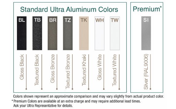 Fence, railing and gate colors include: Black, Satin Black, Bronze, Satin Bronze, Beige, Satin Khaki, White, Satin White, Forest Green